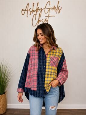 AEMI + CO NWT Patchwork Plaid Asymmetrical Button Down Shirt M